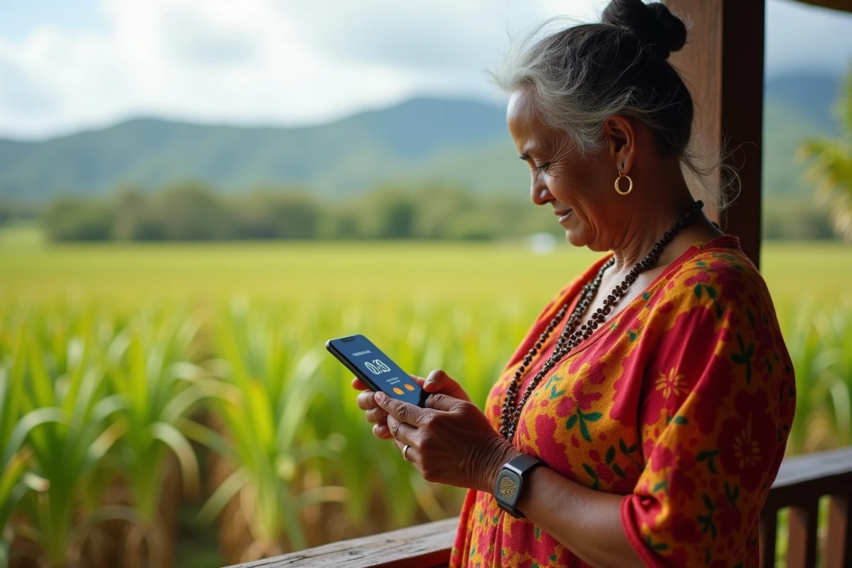Femme réunionnaise consultant un fuseau horaire sur son téléphone depuis une véranda avec vue sur des champs de canne à sucre