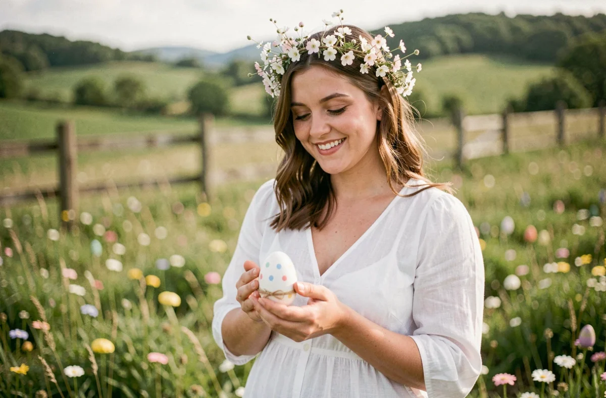 Jeune femme souriante en robe blanche tenant un œuf de Pâques peint dans une prairie fleurie à la campagne