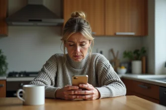 Femme d'âge moyen dans une cuisine examine une notification sur son téléphone