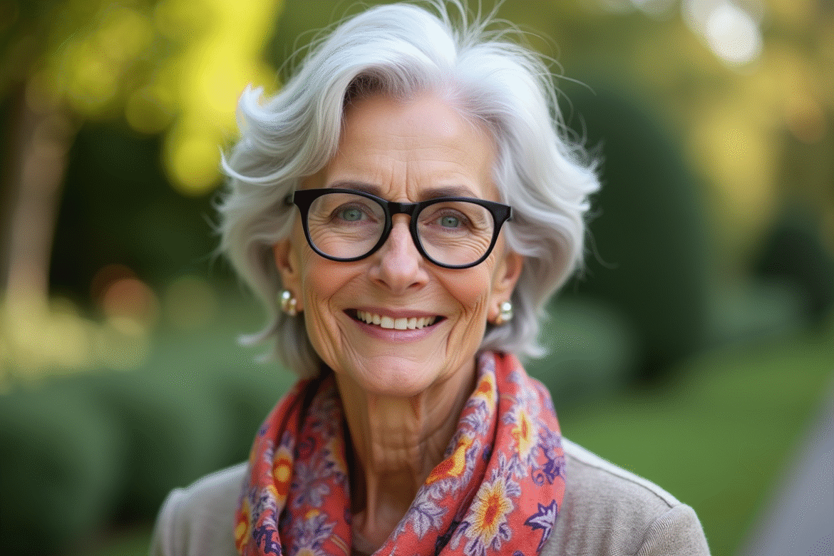 Femme senior élégante avec lunettes dans un jardin ensoleille