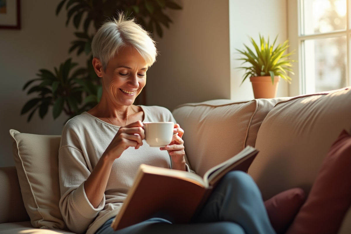 Femme senior moderne lisant un magazine dans un salon chaleureux