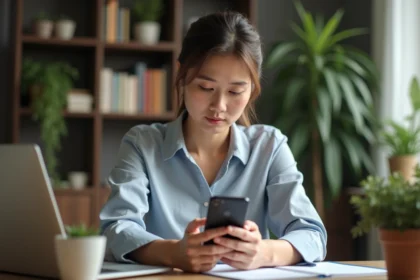 Femme en bureau moderne examinant son smartphone