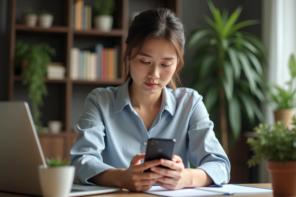Femme en bureau moderne examinant son smartphone