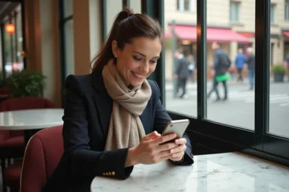 Femme élégante utilisant une application bancaire sur smartphone