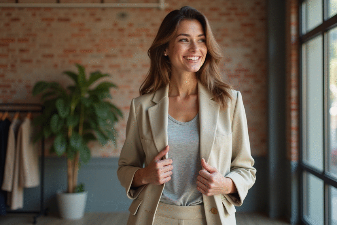 Femme élégante ajustant un blazer neutre dans un loft minimaliste