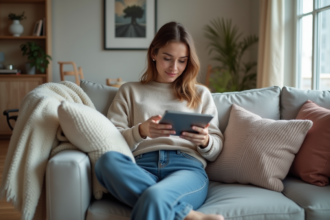 Femme assise sur un canapé à la maison utilisant une tablette