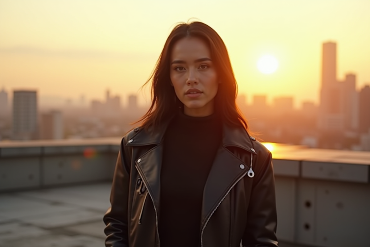 Femme en techwear noir sur un toit au coucher du soleil