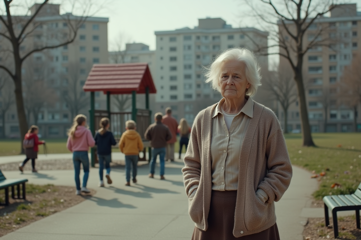 Femme âgée observant des enfants dans un parc urbain