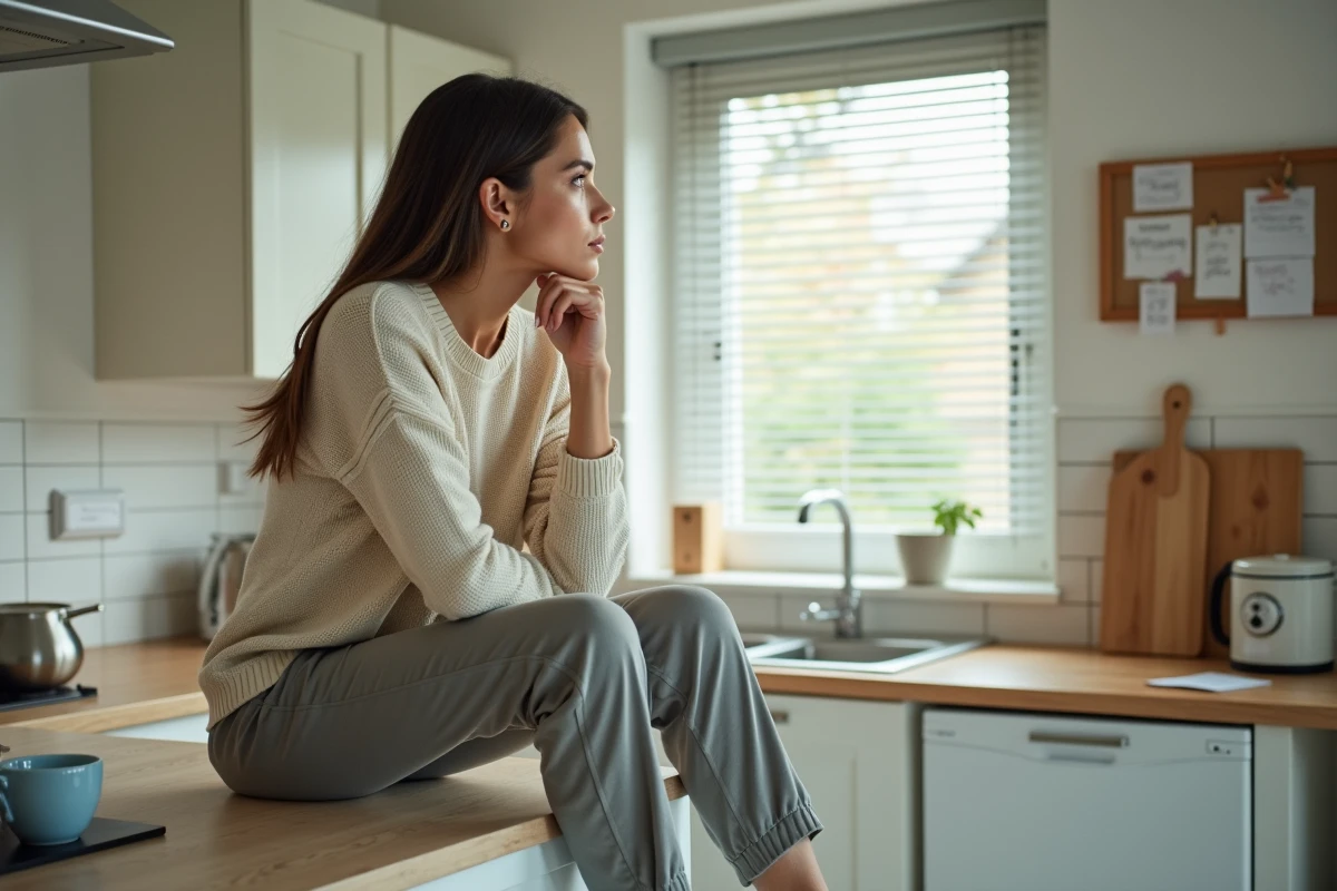 Jeune femme regarde un volet roulant coincé dans la cuisine lumineuse