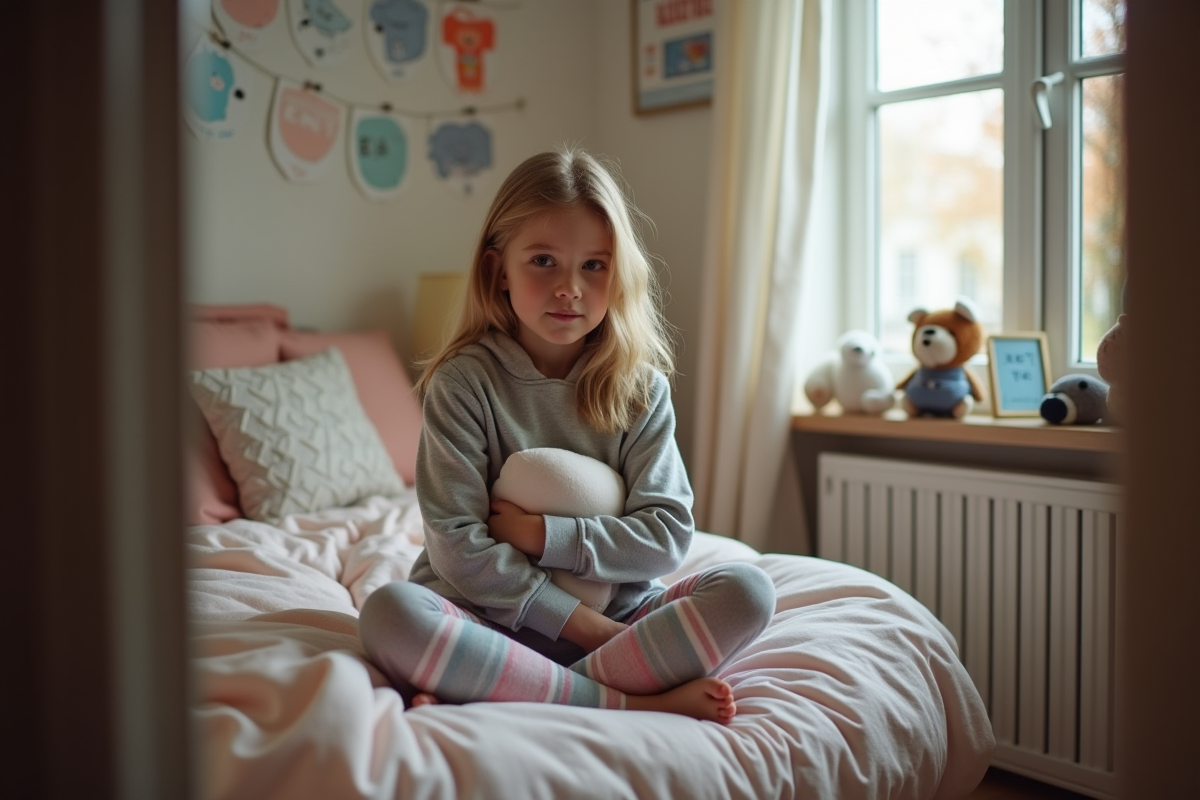 Jeune fille assise sur son lit avec un oreiller dans une chambre chaleureuse