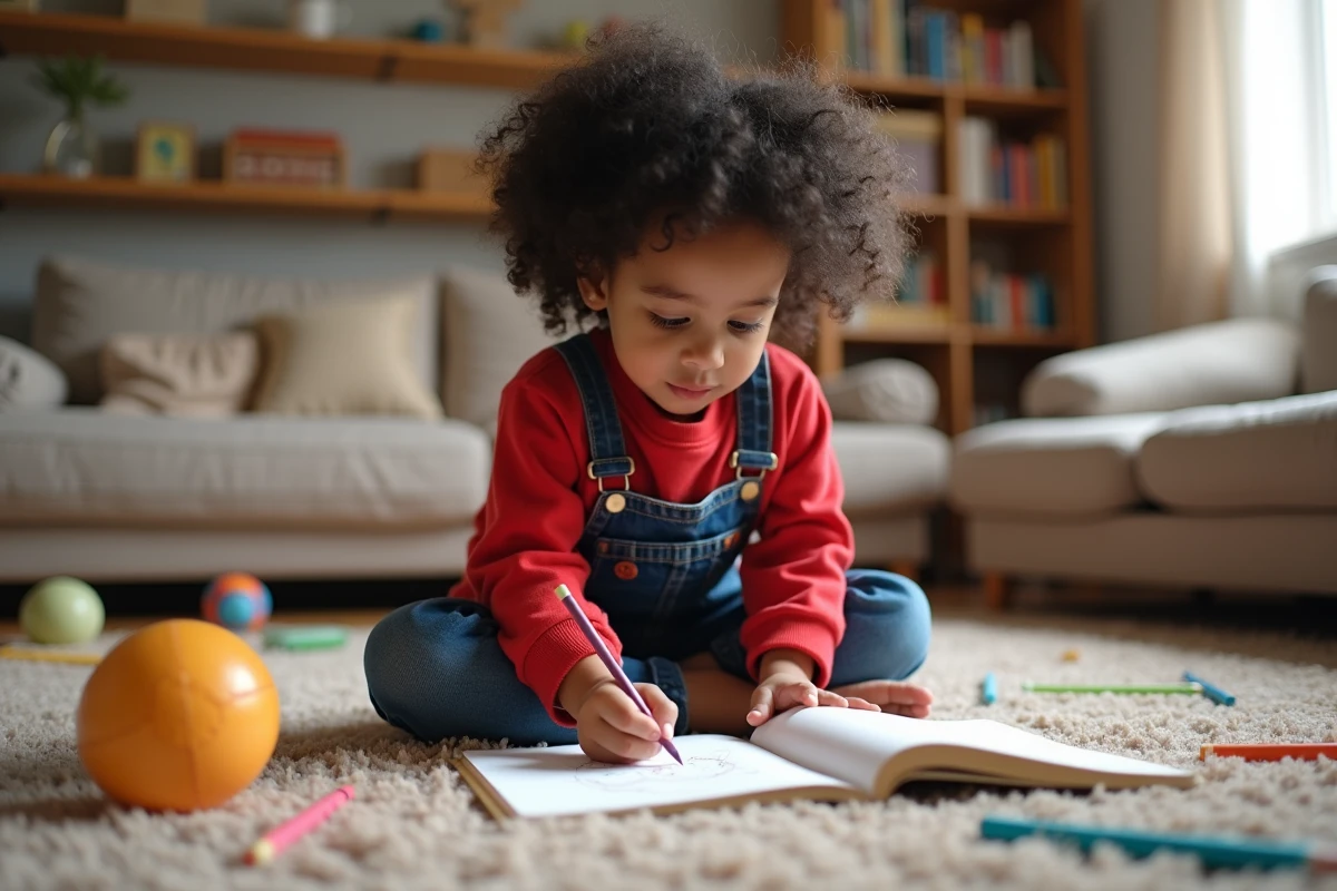 Fille de 7 ans dessinant sur un tapis de salon avec des crayons de couleur