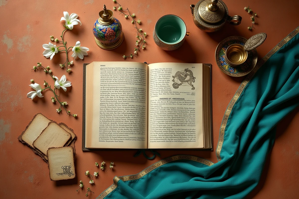Composition flat-lay d'objets symbolisant les origines culturelles et les secrets du personnage Jasmine de Disney