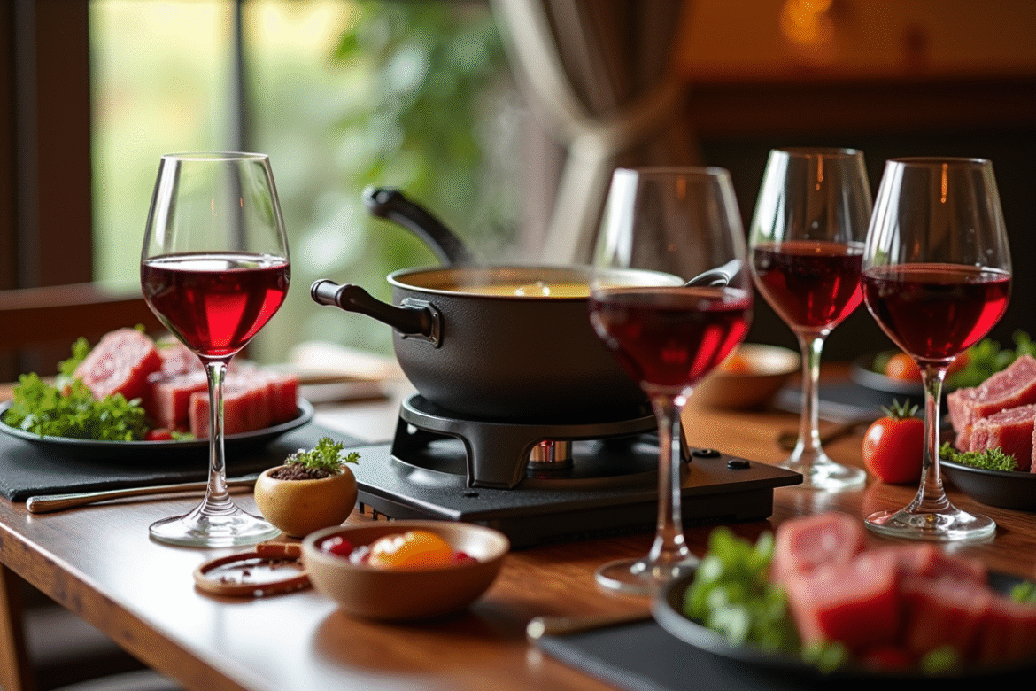 Table de fondue bourguignonne avec vin rouge et sauces