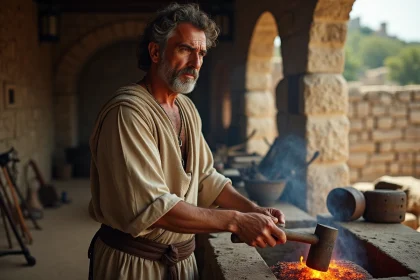 Forgeron romain en action dans une forge ancienne