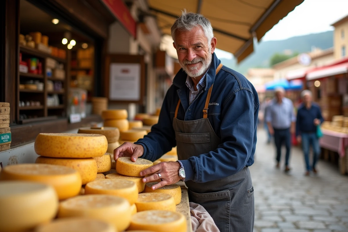 Fromager souriant arrangeant fromages au marché d'Argeles