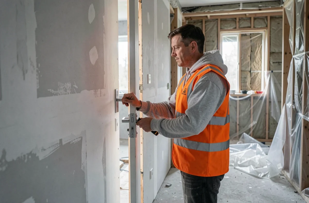 Technicien de FTM Reno 22 posant une poignée de porte dans une maison en cours de rénovation avec des murs en plâtre brut