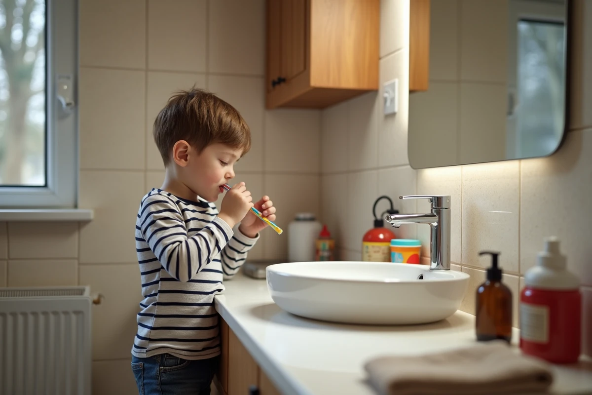 Garçon de 7 ans se brossant les dents dans une salle de bain moderne