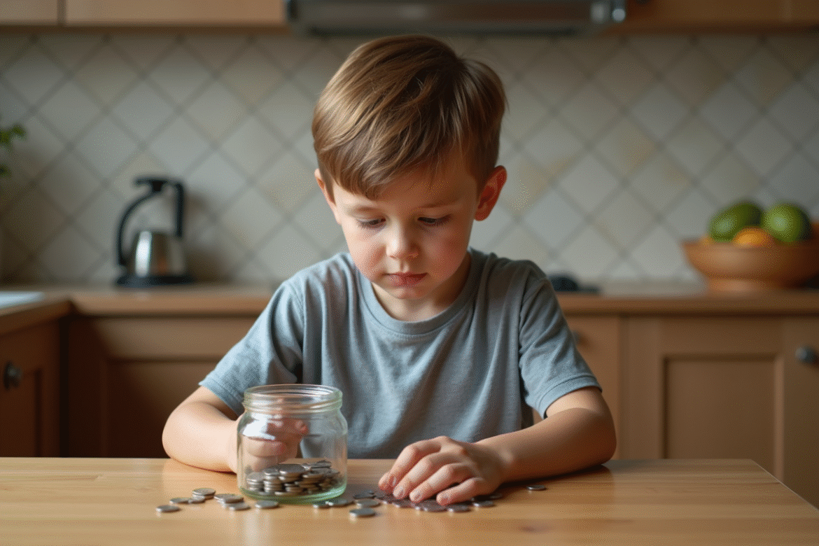 Jeune garçon de 8 ans compte des pièces dans la cuisine