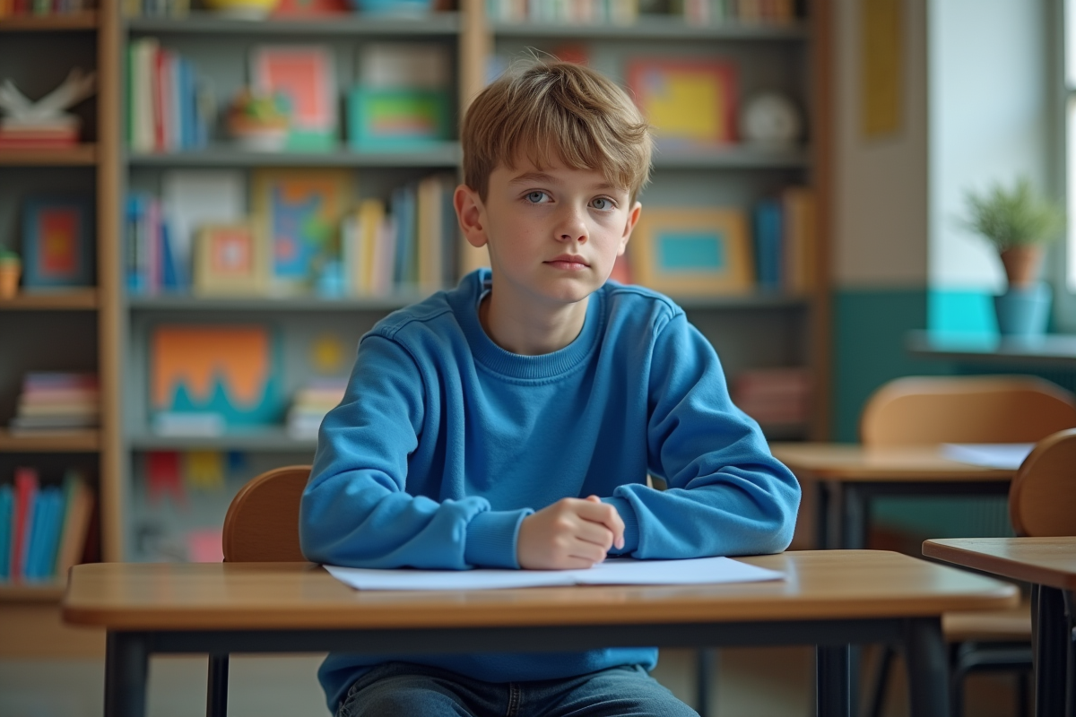 Garçon de 11 ans assis en classe avec expression contemplative