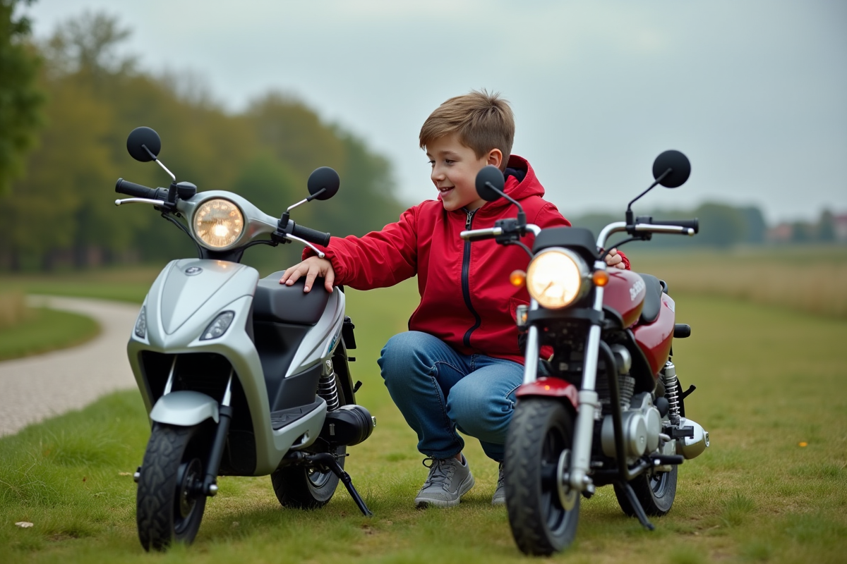 Garçon en extérieur compare minimotos dans un parc rural