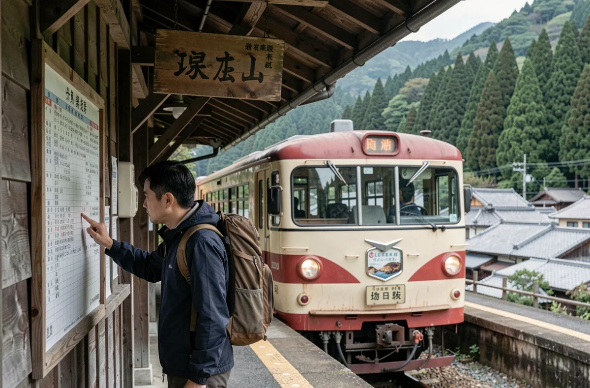 Voyageur consultant un horaire à une petite gare ferroviaire rurale japonaise avec panneau en kanji et train régional
