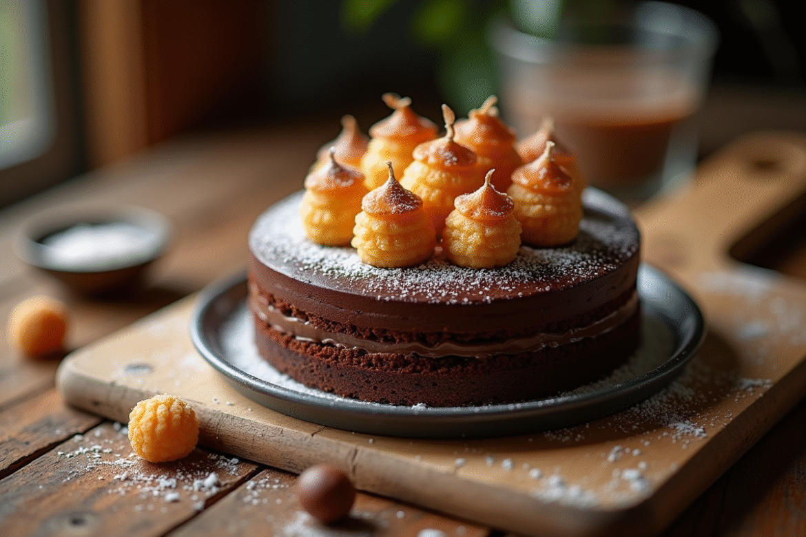 Gâteau chocolaté décoré de gavottes croustillantes sur table en bois