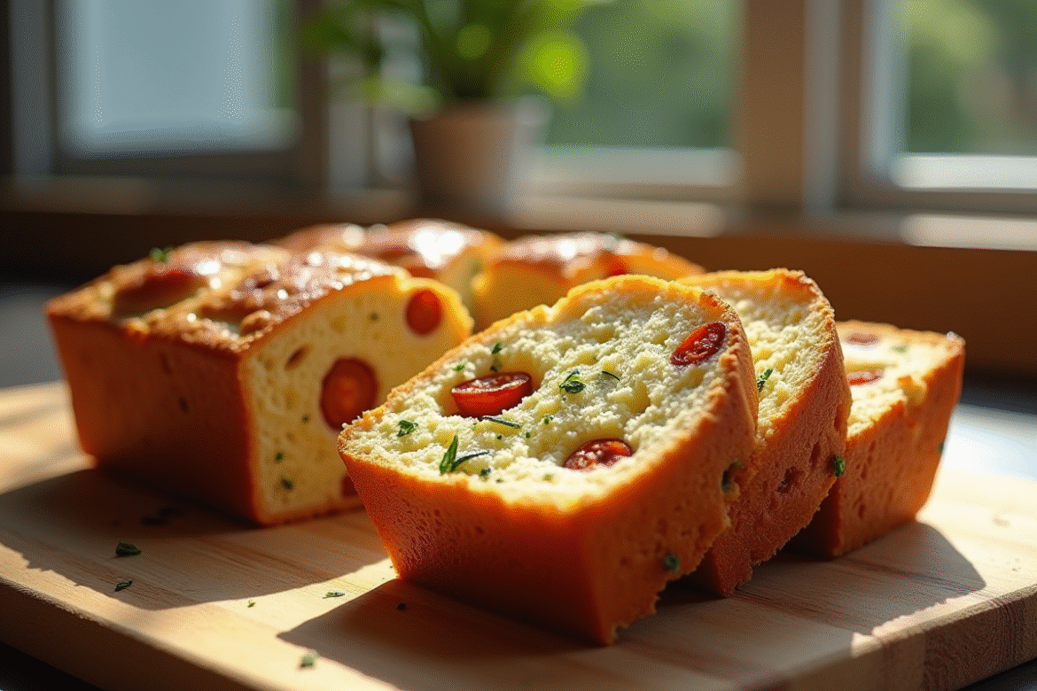 Gâteau salé aux tranches dorées et chorizo visible