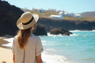 Plage ensoleillée des Canaries avec palmiers et ciel bleu
