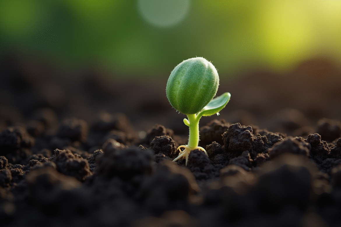 Graine de concombre en germination dans un sol humide