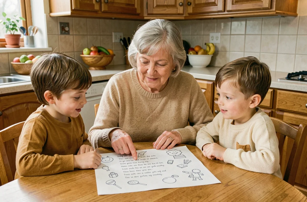 Grand-mère expliquant les paroles d'une comptine à ses petits-enfants autour d'une table de cuisine