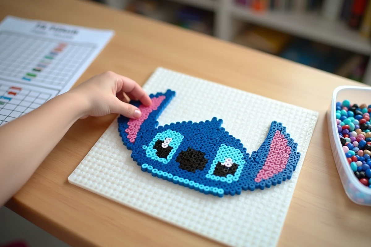 Gros plan d'un modèle perles à repasser Stitch presque terminé sur une planche à picots avec grille de référence imprimée