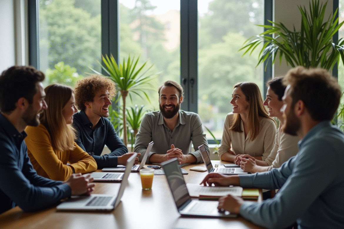 Groupe de personnes diverses dans un bureau moderne en discussion