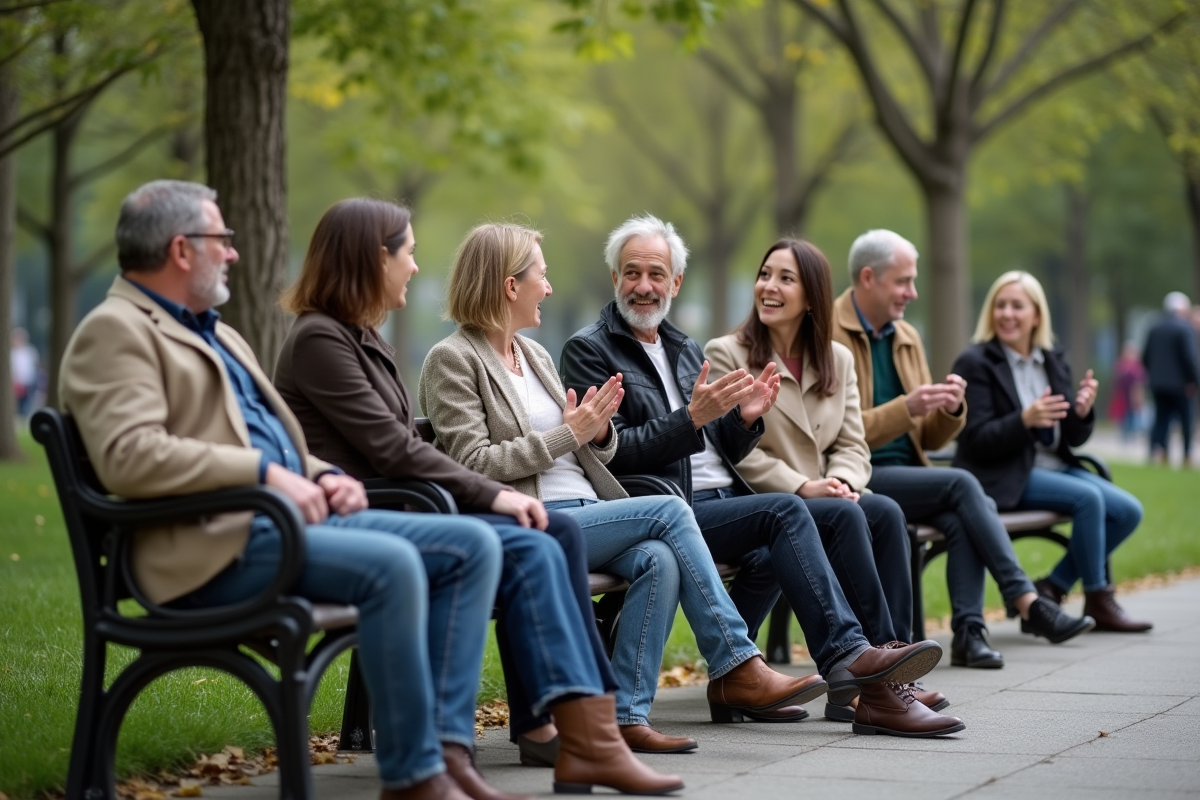 Groupe d'adultes souriants dans un parc urbain