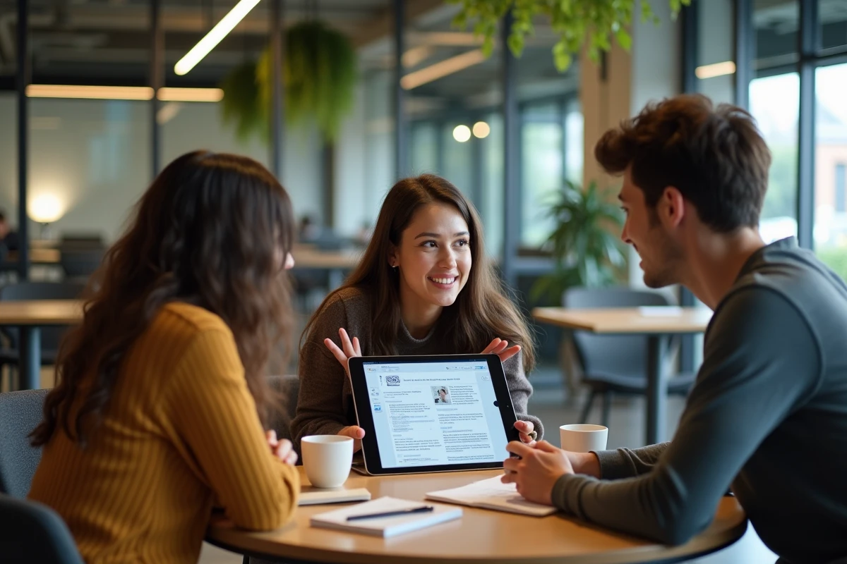 Groupe de jeunes adultes débattant du contenu d'une encyclopédie collaborative en ligne dans un espace de coworking