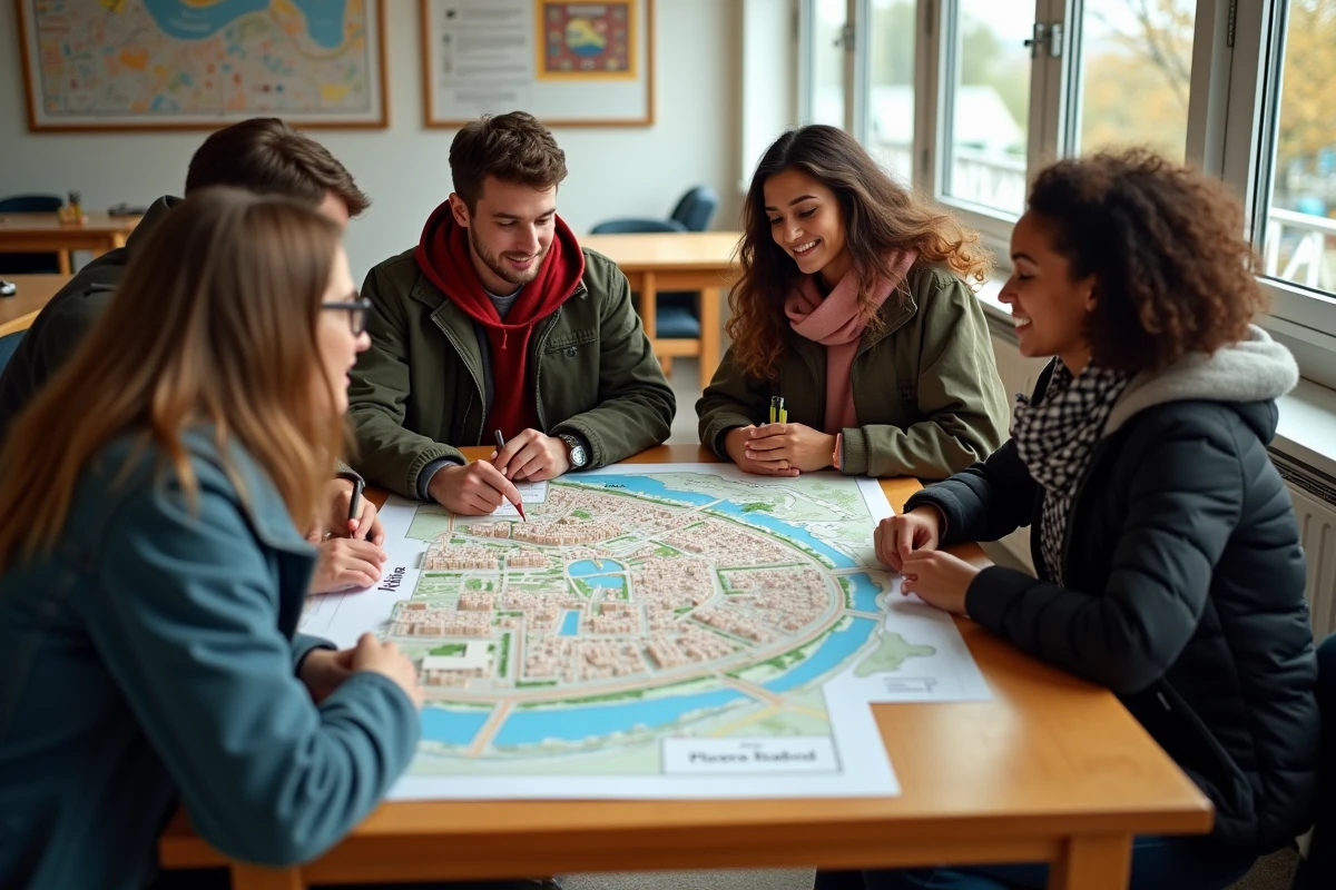 Jeunes adultes discutant autour d une carte dans un centre communautaire