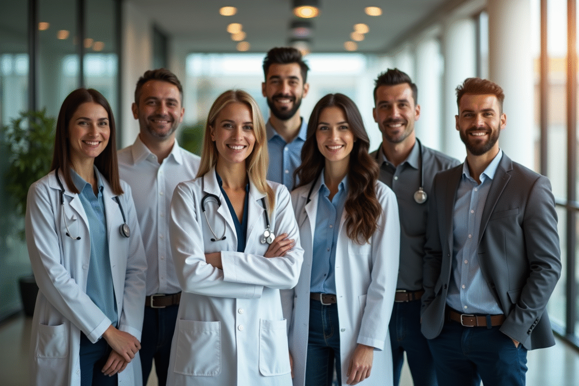 Groupe de professionnels variés représentant des métiers D dans un bureau lumineux