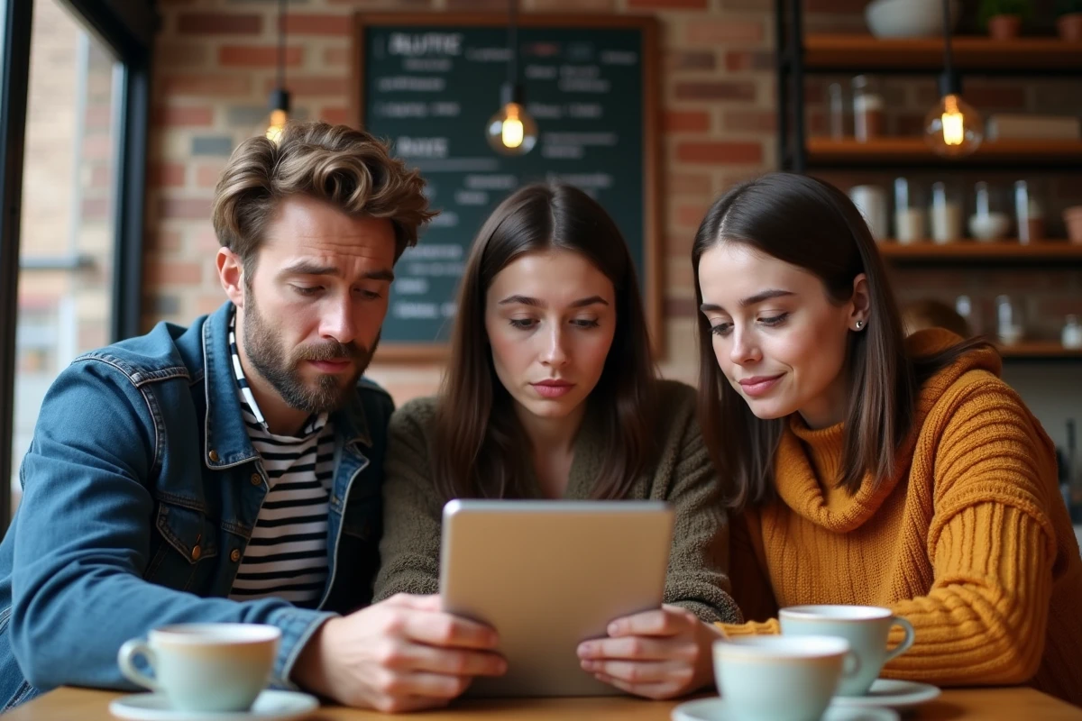 Un groupe de personnes discutant d'un lien sur une tablette dans un café urbain