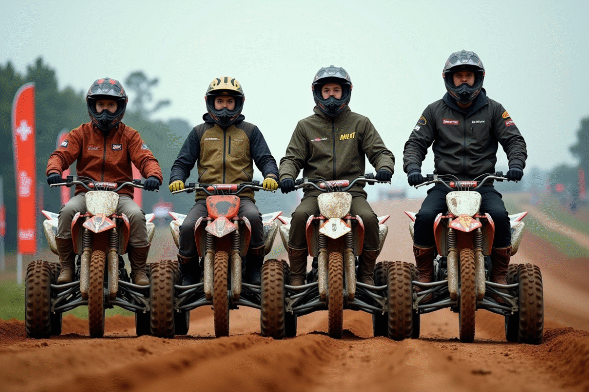 Groupe de riders avec quads tout-terrain en pleine nature
