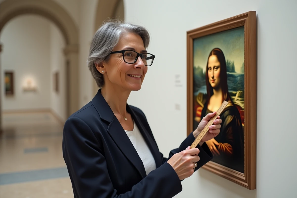 Historienne de l'art mesurant une reproduction de la Joconde dans une galerie muséale épurée