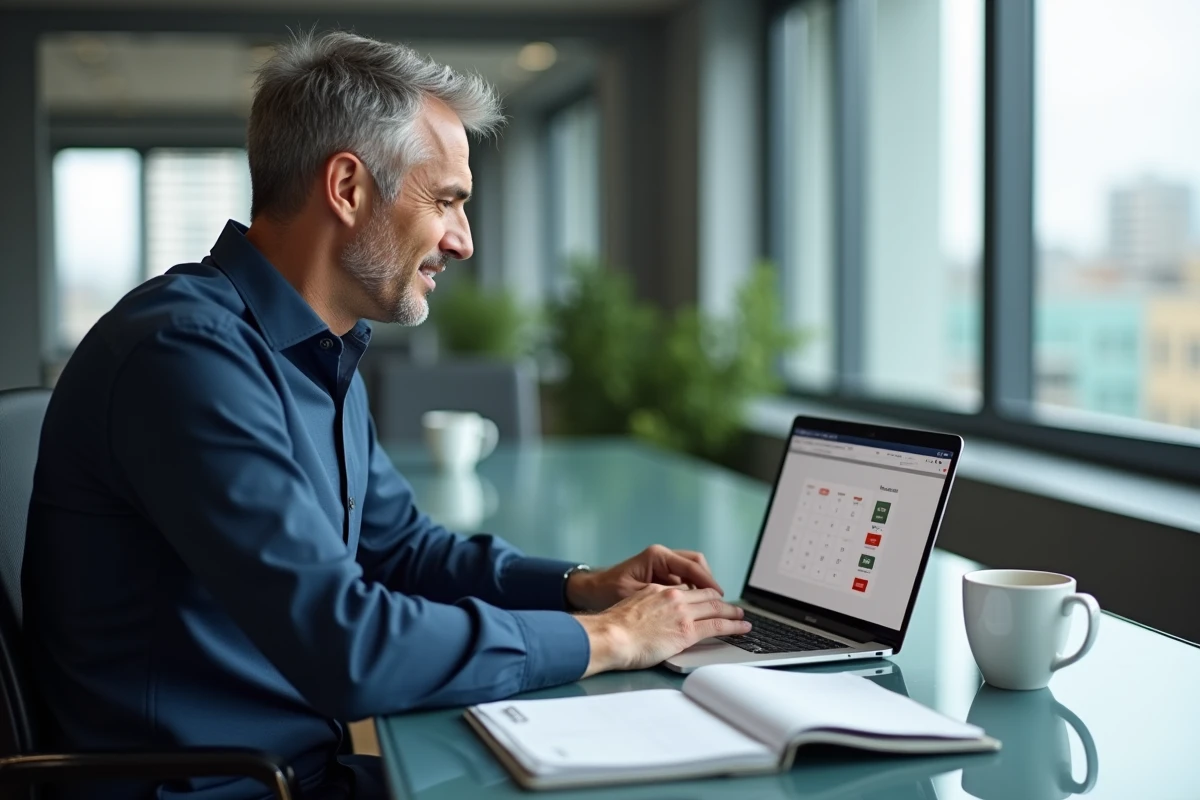 Homme en bureau moderne utilisant un agenda et un ordinateur portable pour intégrer un calcul de jours depuis la naissance