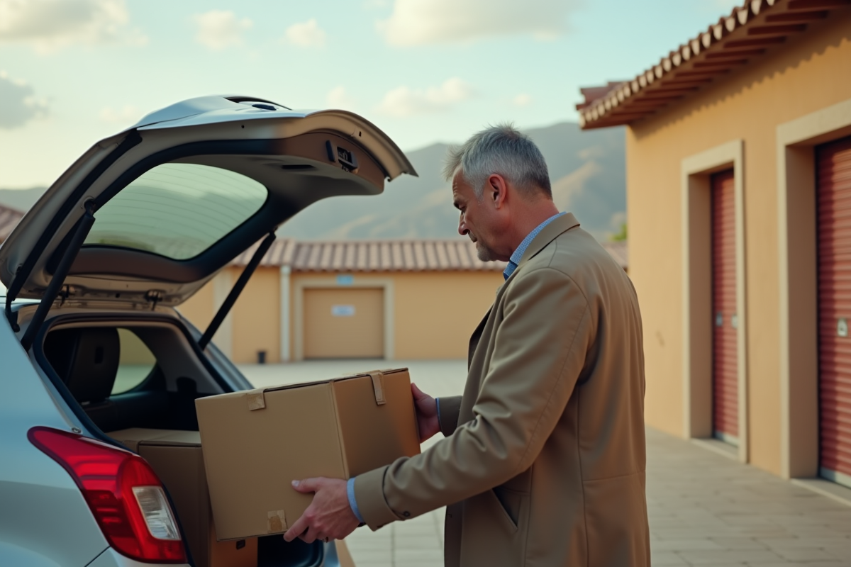 Homme chargeant une boîte dans une voiture près d’un centre de stockage