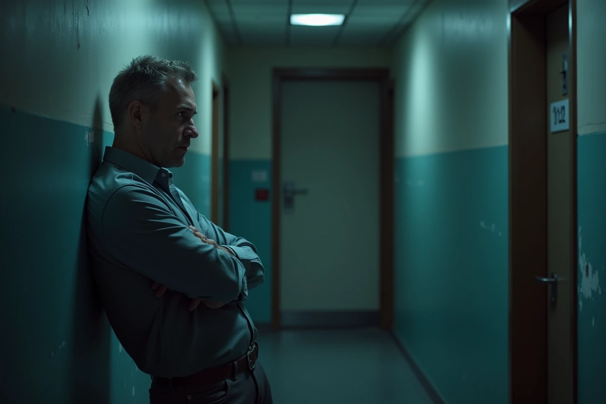 Homme en posture défensive dans un couloir étroit, symbolisant la pression psychologique et l'enfermement émotionnel dans une relation toxique