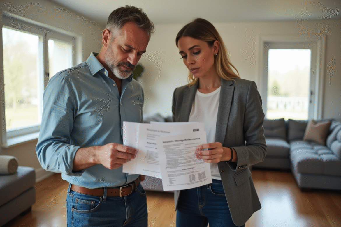 Homme et femme examinent des documents de performance énergétique