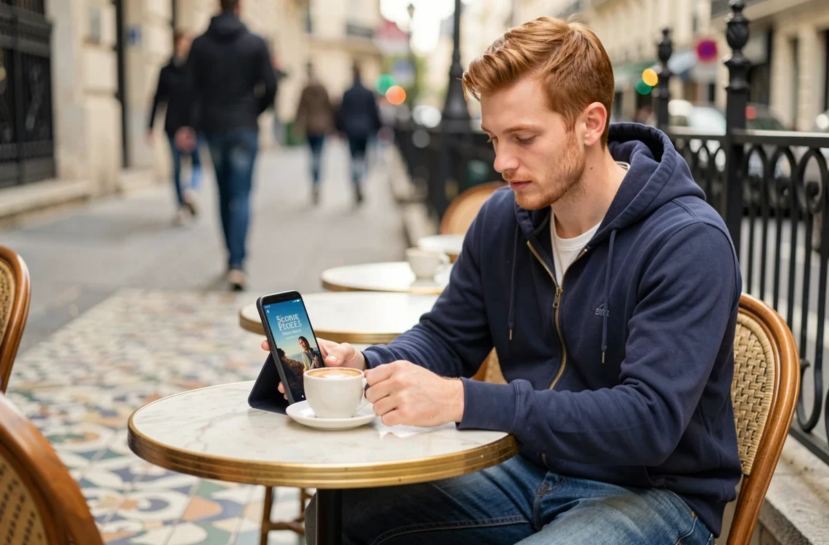 Homme lisant un ebook romance sur smartphone dans un café parisien en terrasse, application de lecture numérique sur écran