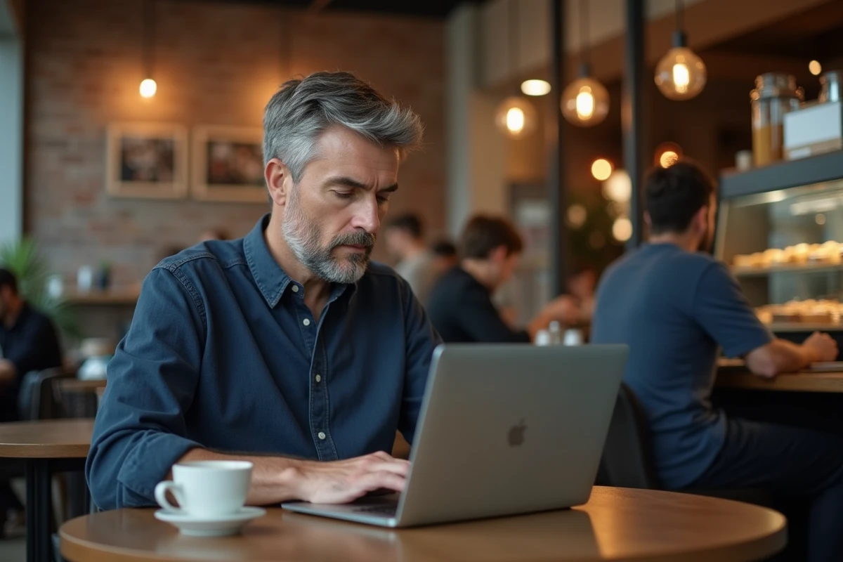 Homme consultant des journaux en ligne sur un ordinateur portable dans un café, symbolisant l'accès aux médias numériques via bookys.com