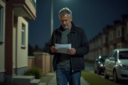 Homme d'âge moyen lit une lettre devant un immeuble résidentiel