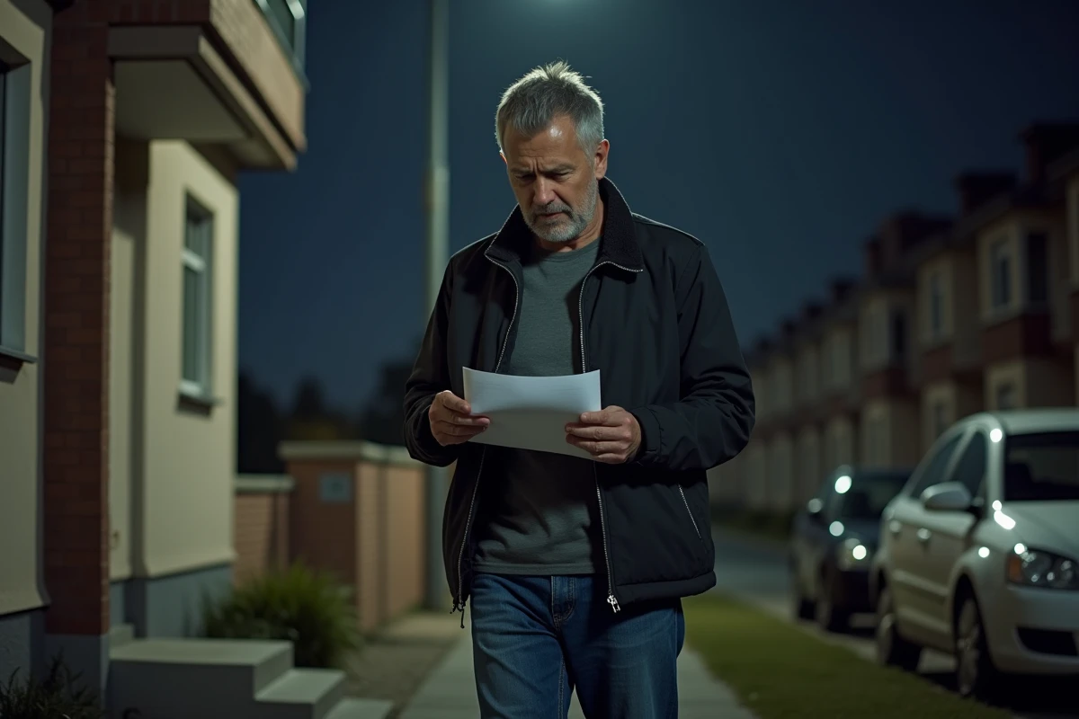 Homme d'âge moyen lit une lettre devant un immeuble résidentiel