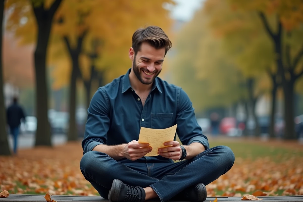 Homme lisant un poème manuscrit sur un banc de parc en automne, entouré de feuilles dorées tombées