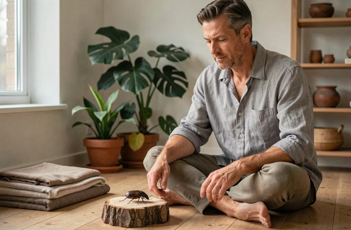 Homme en méditation observant un scarabée posé sur du bois dans un espace de méditation minimaliste, illustrant la synchronicité spirituelle