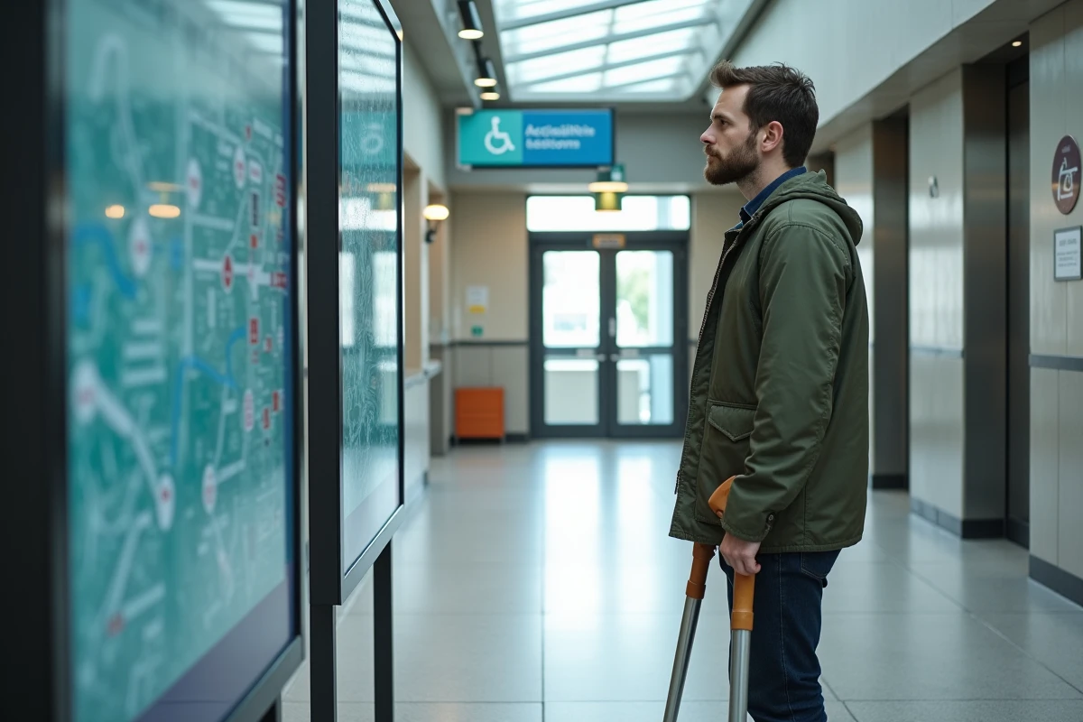 Homme avec béquille consultant un panneau de carte d'accessibilité dans une gare RER d'Île-de-France